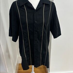 Black Button-Up Shirt with Tan Stripes washable linen blend